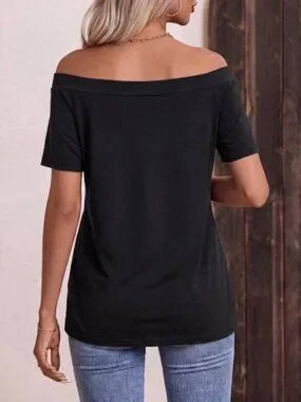 Black Casual Women's Off Neckline Short Sleeve T-Shirt
